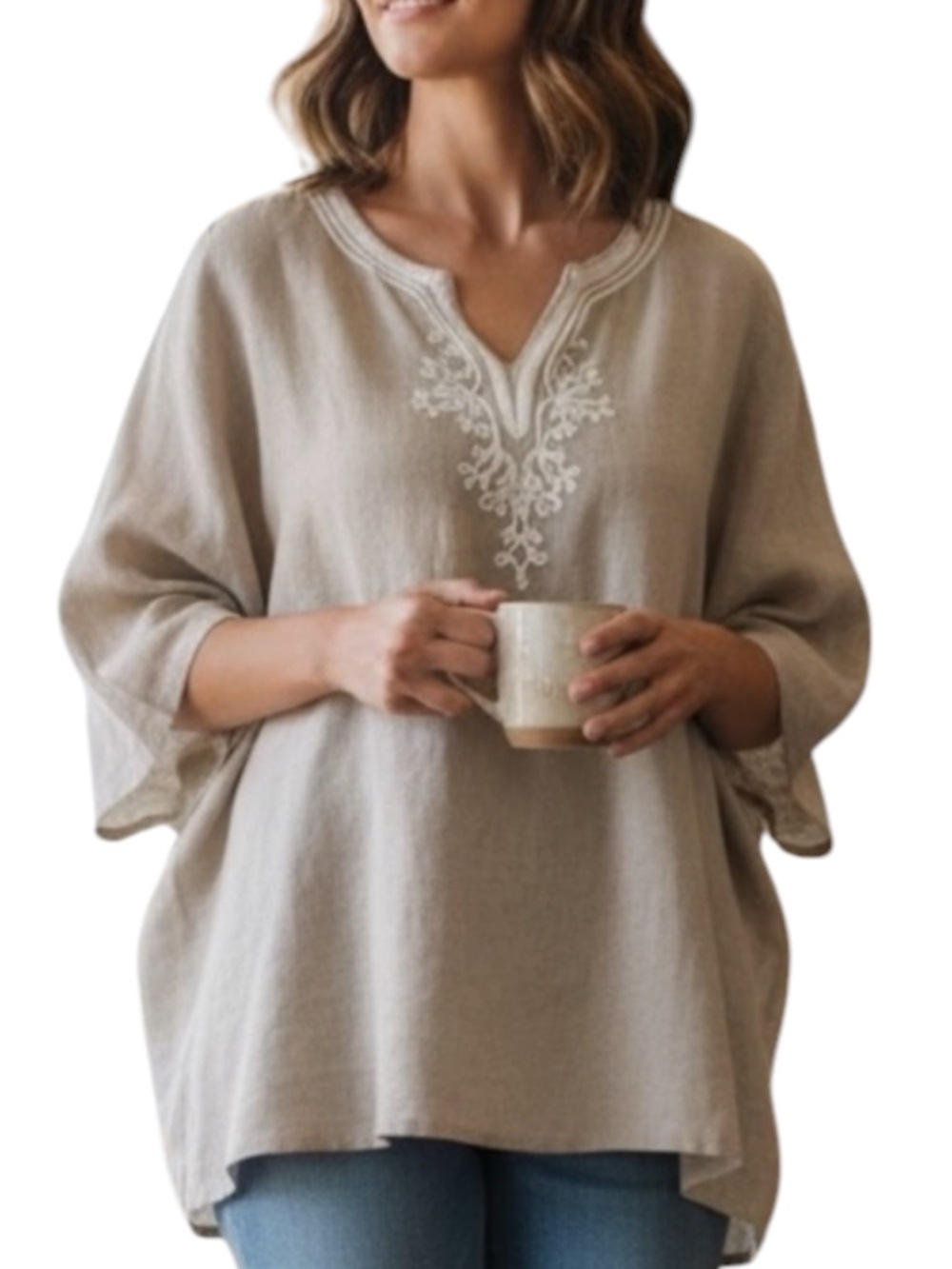 TALBOTS WOMAN 100% Linen Embroidered Beige Tunic Size 1X -- VERY CLASSY!!! - Picture 1 of 10